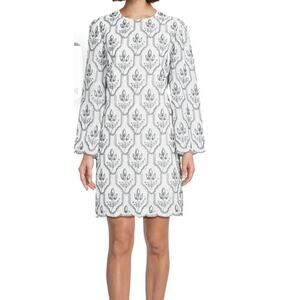 NWT Preston & York Sz 8 White Black Floral Embroidered Long Sleeve Shift Dress